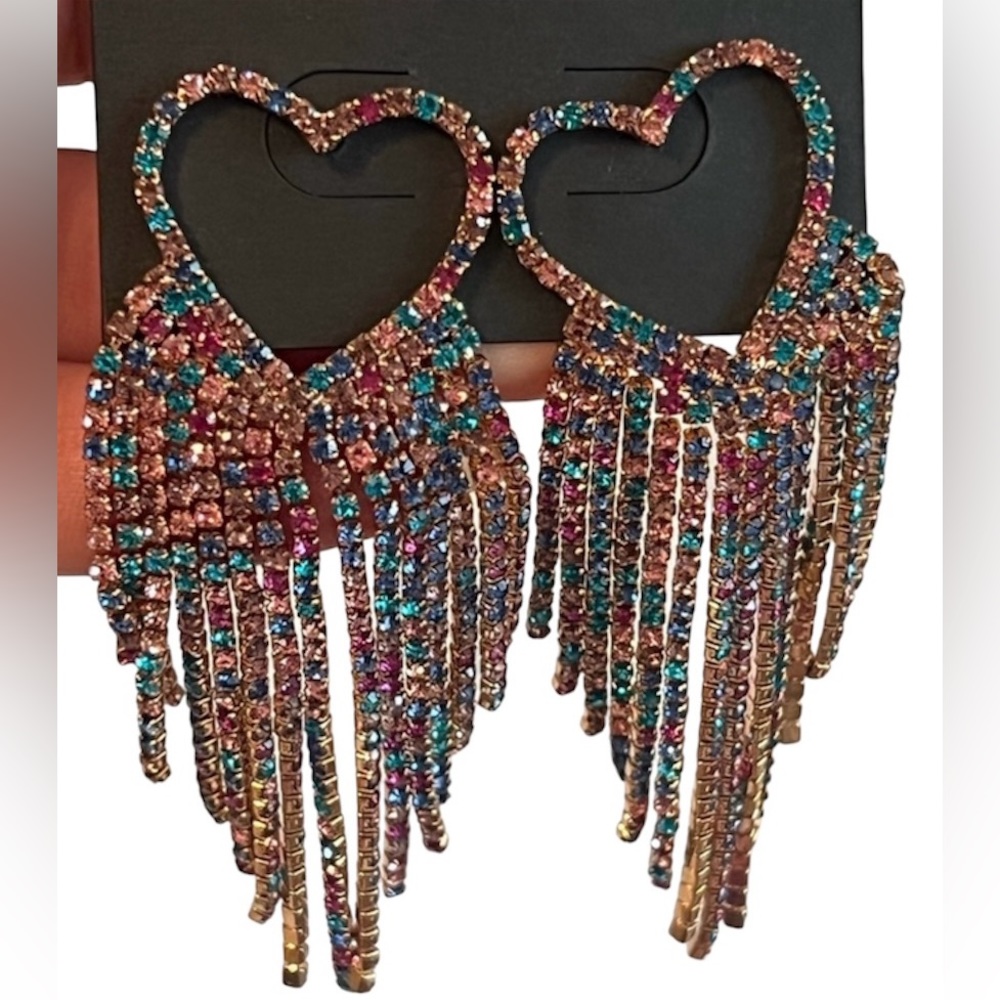 Bebe brand Rhinestone Decor tassel Heart Shaped Earrings hoop multicolor